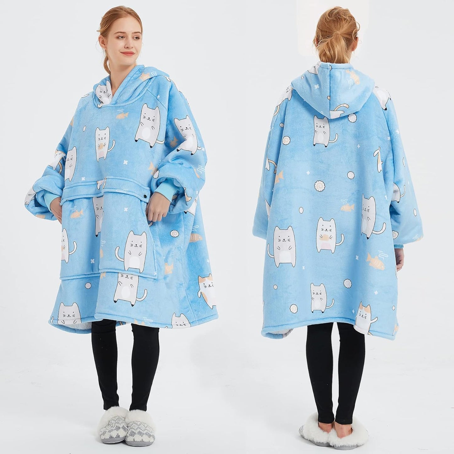 KFUBUO Wearable Blanket Hoodie for Adults Sherpa All Patterns Cat Oversized Sweatshirt Blanket with Pockets for Women