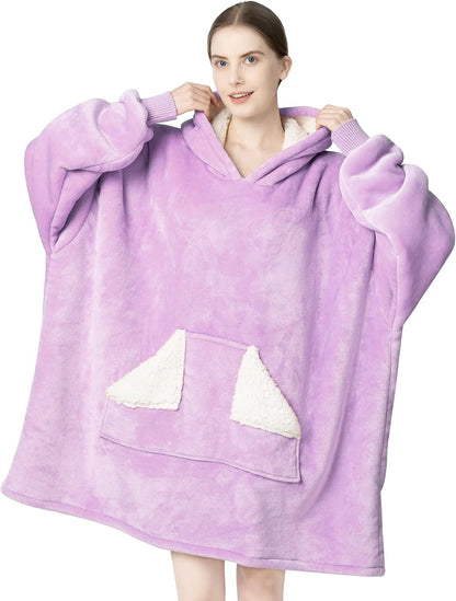 Touchat Wearable Blanket Hoodie, Oversized Sherpa Blanket Sweatshirt with Hood Pocket and Sleeves, Super Soft Warm Plush Hooded Blanket for Adult Women Men, One Size Fits All (Pink)