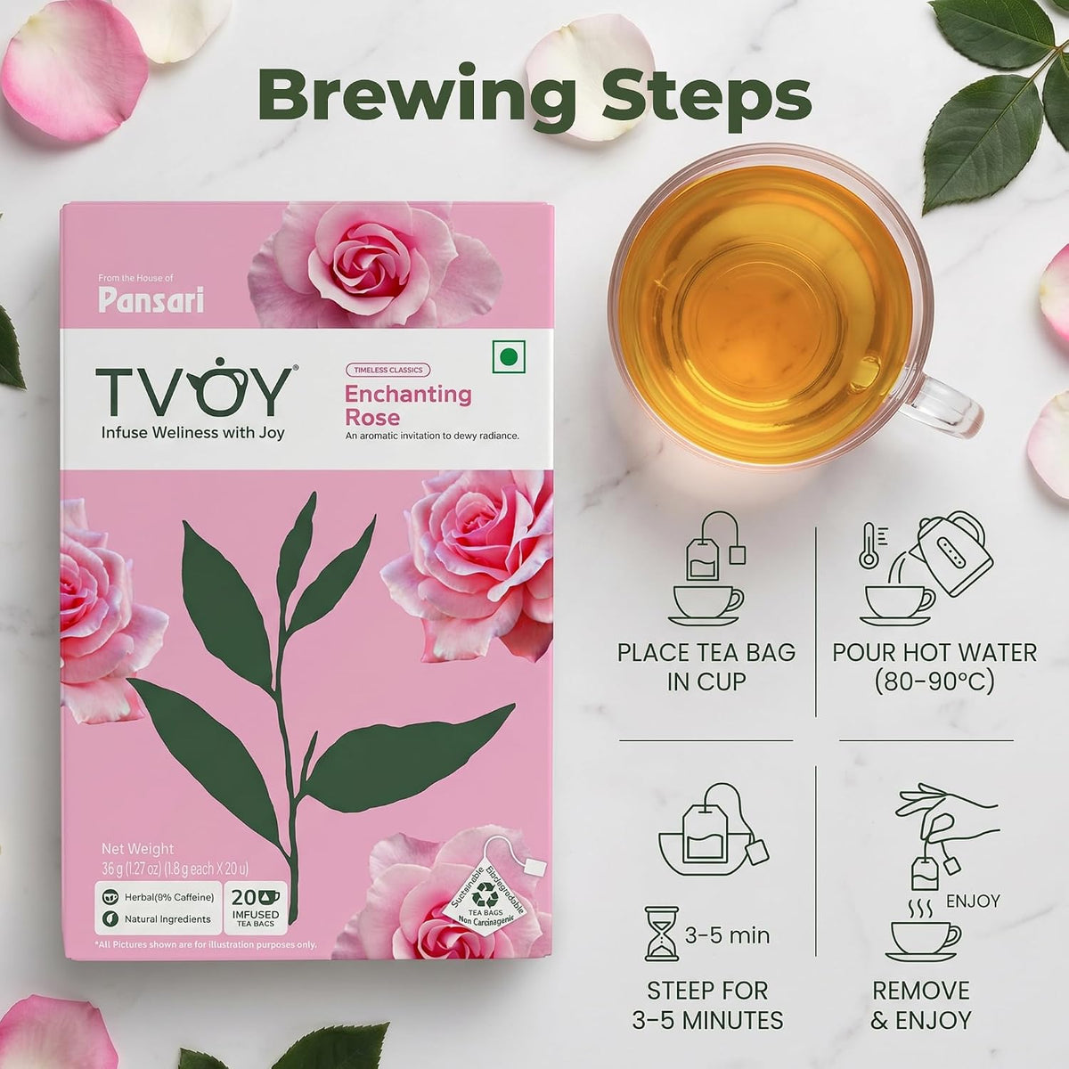 Tvoy Rose Green Tea Bags, 40 Pyramid Tea Bags, Individually Wrapped Bags