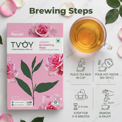 Tvoy Rose Green Tea Bags, 40 Pyramid Tea Bags, Individually Wrapped Bags