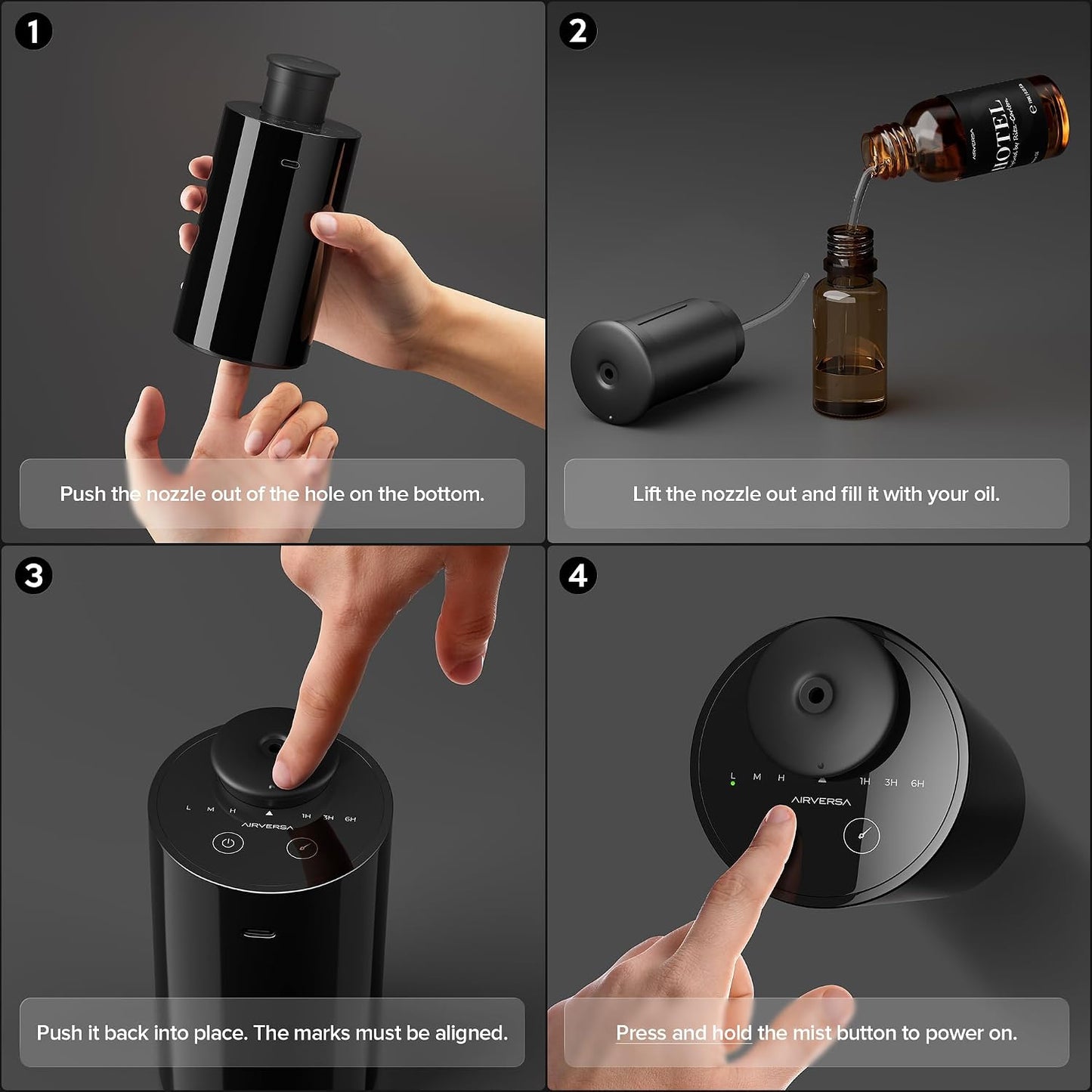 Airversa Waterless Essential Oil Diffuser Starter Kit with 4 x 10mL Hotel Scent Fragrance Oil, Battery Operated Mini Scent Air Machine Portable Diffuser for Home Car Office, AN8 Kit Black