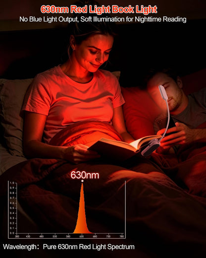 630nm Red Book Light for Reading at Night - Zero Blue Light, Dimmable Reading Lights for Books in Bed, LED Book Lamp Clip on, Gift for Students Parents Nurse Studying Travel (1 Pack)