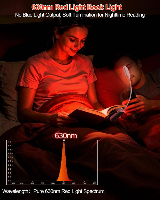 630nm Red Book Light for Reading at Night - Zero Blue Light, Dimmable Reading Lights for Books in Bed, LED Book Lamp Clip on, Gift for Students Parents Nurse Studying Travel (1 Pack)