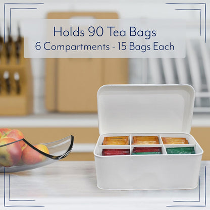 AuldHome Design Farmhouse Tea Bag Box (White), Vintage Retro Style Enamelware Tea Storage Tin