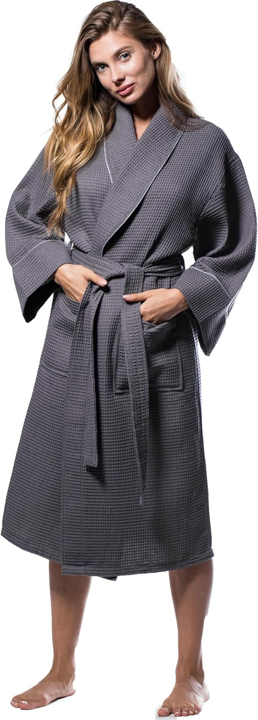 Turquaz Lightweight Waffle Knit Kimono Bathrobe - Soft Cotton Blend Spa Robe, Fast-Drying Full-Length Unisex Robes for Women