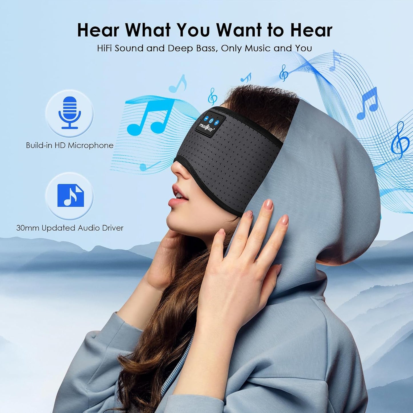 MUSICOZY Sleep Headphones Bluetooth 5.4 Headband Sleeping Eye Mask for Mom Women Men Wireless Music Earbuds Earphones for Side Sleepers Built-in HD Speakers Cool Gadgets Unique Gifts