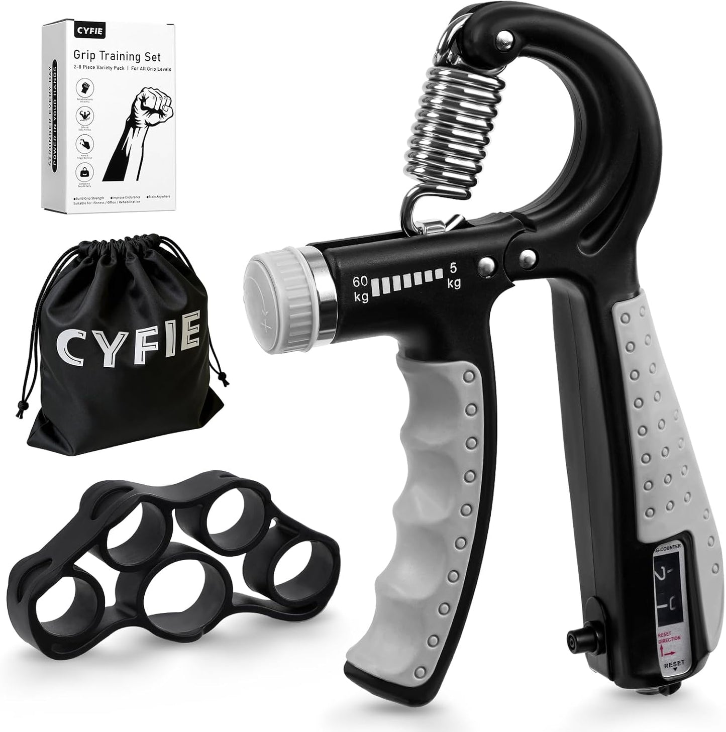 CYFIE Grip Strength Trainer Kit with Adjustable Resistance 10 - 132 Lbs, Forearm Exerciser, Finger Stretcher, Stress Ball, Forearm Strengthener for Workout wuth Storage Bag, Muscle Building and Recovery