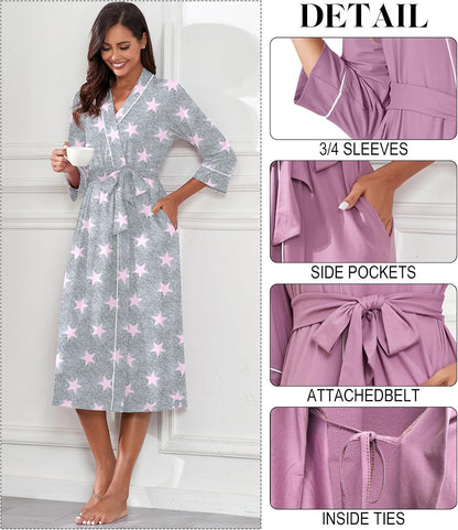 PrinStory Robes for Women 3/4 Sleeve Long Bath Robe XS-4XL