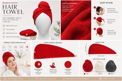 KEEPOZ 100% Cotton Hair Towel Wrap Quick Dry Super Absorbent Turban Head Wrap for Women with Button, Anti Frizz, Hair Cap for Curly, Long & Thick Hair (White, 1 Pc)