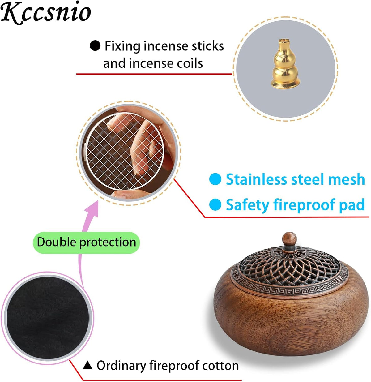 Acacia Wood Incense Burner for Cones & Coils, with Sticks Holder