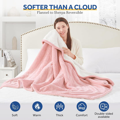Sealy Heated Blanket Throw with Built-in Button Controller, Reversible Flannel to Sherpa Electric Blanket with 2-10 Hours Auto-Off & 4 Heating Levels, Over-Heat Protection, 50x60 inch, Beige