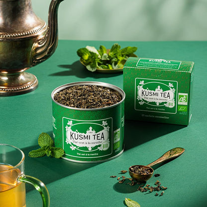 Kusmi Tea - Spearmint Green - Organic Blend of Gunpowder Green Tea with Mint - Peppermint Tea - Enjoy Hot or Ice - Organic Flavored Green Tea - 20 Tea Bags