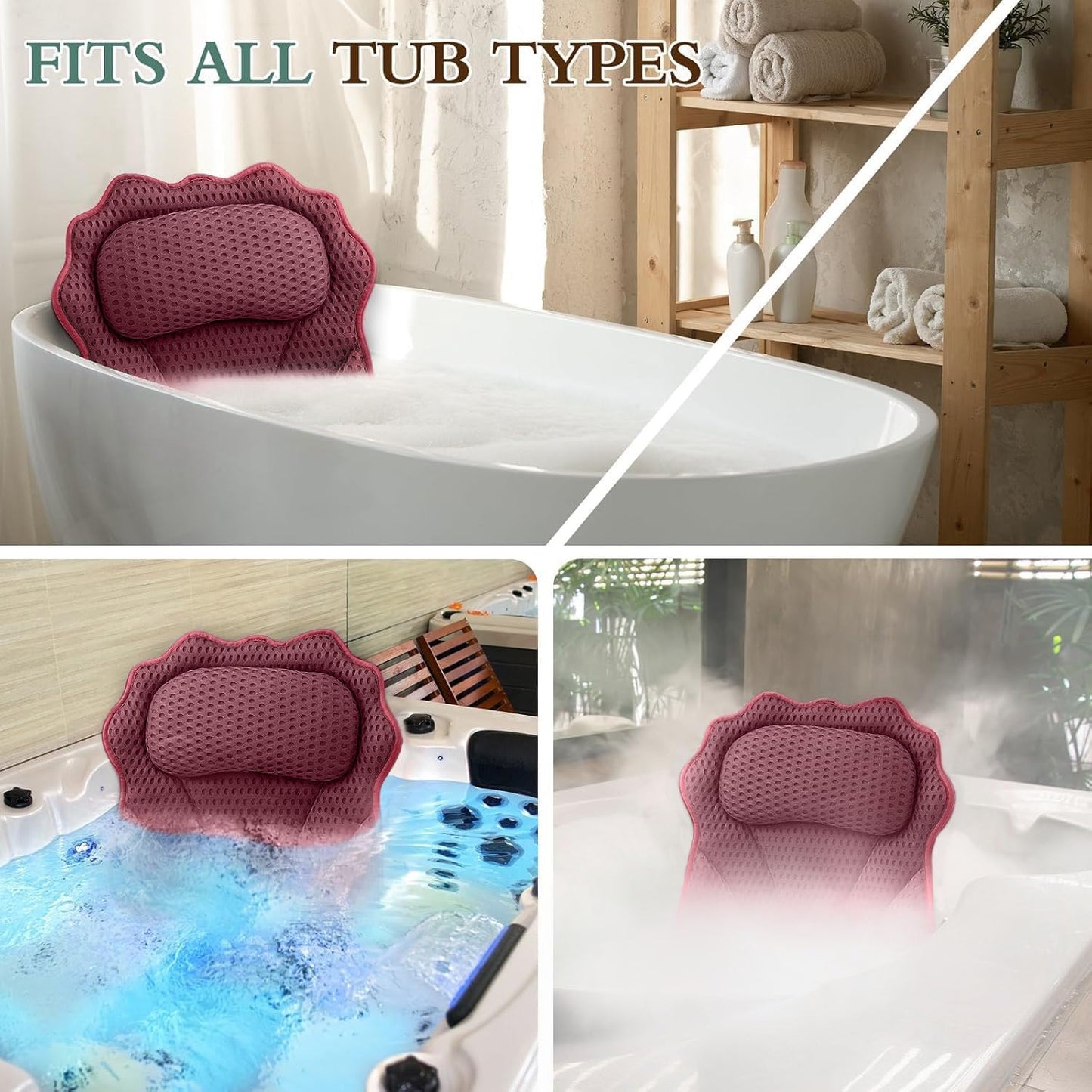 Bath Pillow RUVINCE Ergonomic Luxury Bathtub Pillow with Head,Neck, Shoulder and Back Support, 4D Bath Pillows for tub with 6 Powerful Suction Cups, Fits All Bathtub