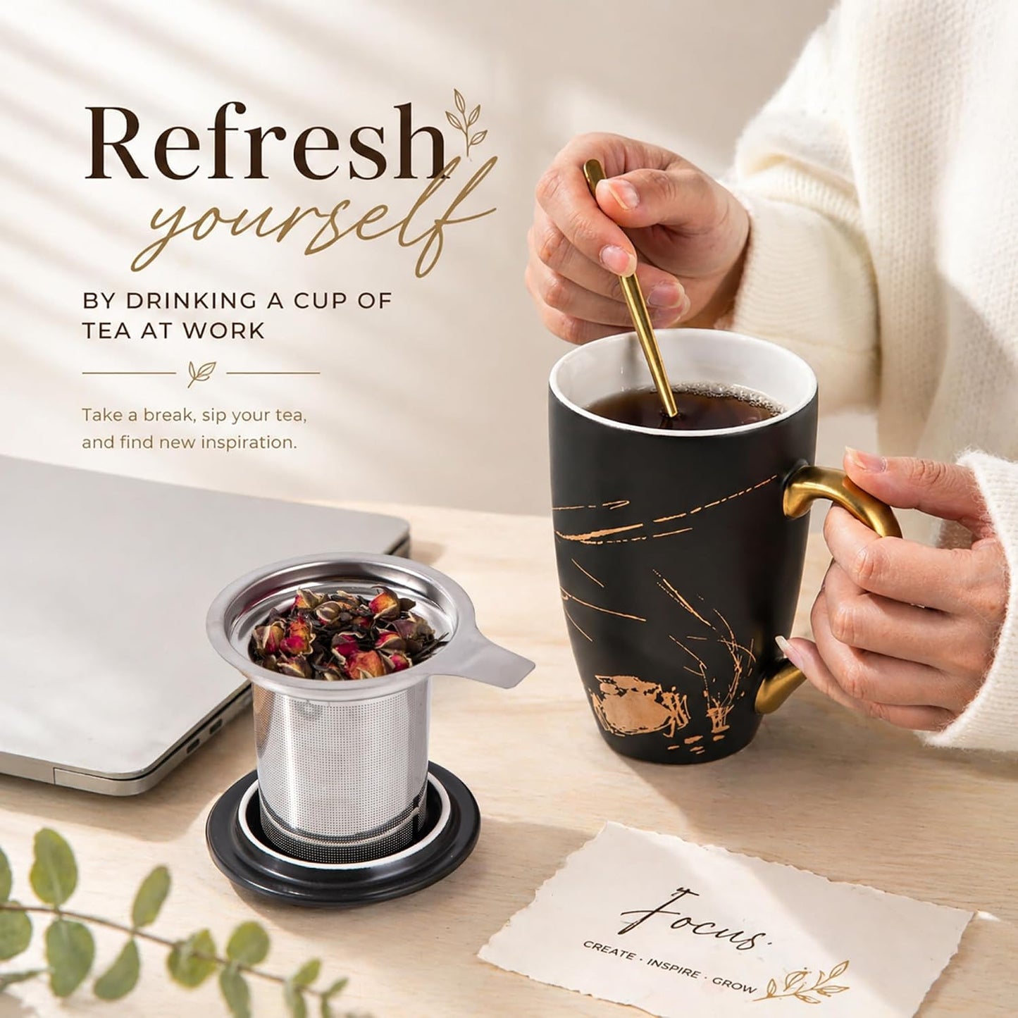 AmorArc Porcelain Tea Mug with Infuser and Lids, 18 Oz Large Cup Strainer with Bag Holder for Loose Leaf Tea, Steeping Coffee Mug for House-warming Wedding Birthday Gift