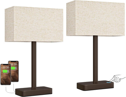 Hong-in Touch Lamps for Bedroom - 3-Way Dimmable Bedside Lamps Set of 2 with USB C+A, Grey Modern Table Lamp for Night Stands, Desk Lamp for Living Room Nightstand End Tables Bed Side