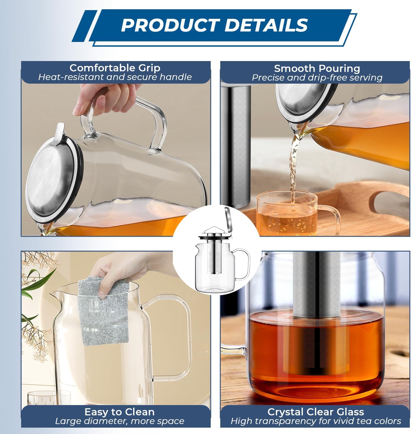 Aquach 51oz Glass Teapot with Infuser, Stovetop Safe Borosilicate Tea Pot | Dishwasher Safe, Plastic-free, Precise Loose Leaf Filter, Easy-clean Opening, Sharing Capacity