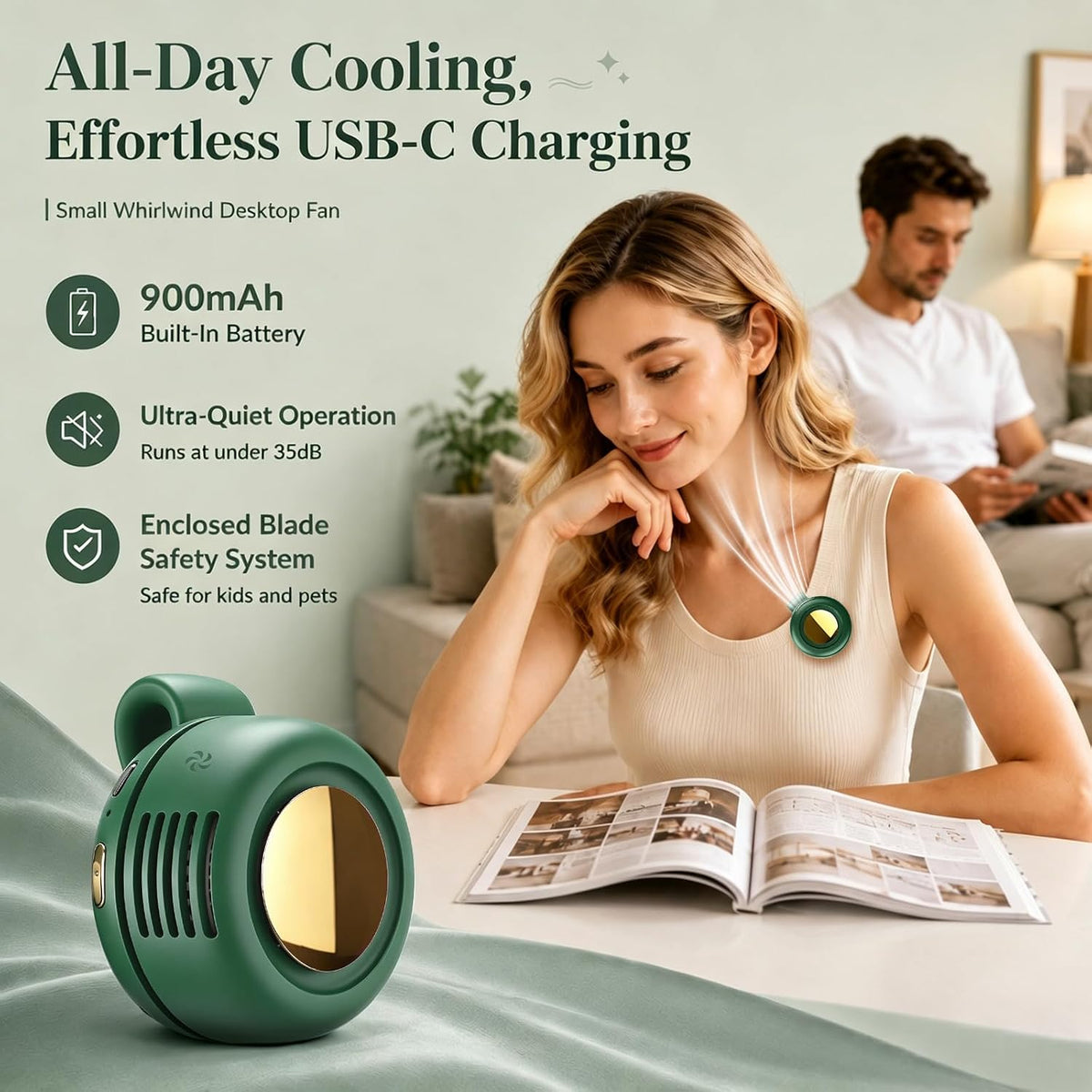 Portable Clip-On Fan, Mini Bladeless Waist Fan, 5100RPM 25dB Ultra-Quiet 3-Speed Rechargeable Small Whirlwind Fan, Hands-Free Personal Cooling for Outdoor Travel Office Camping with USB-C