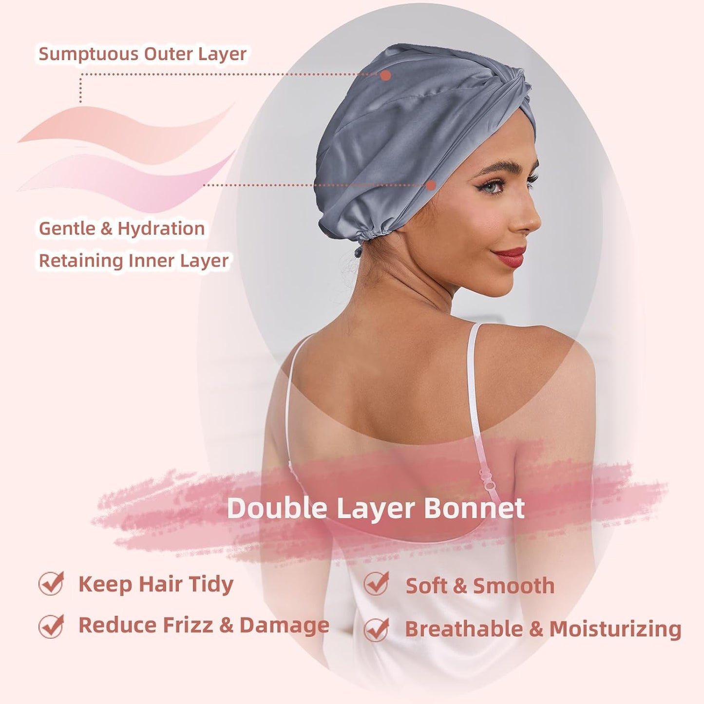 Adjustable Silk Satin Hair Bonnet for Sleeping Women, Double Layer, Silk Hair Wrap for Sleeping Women Men, Curly Natural Braid Straight Unisex - Pink