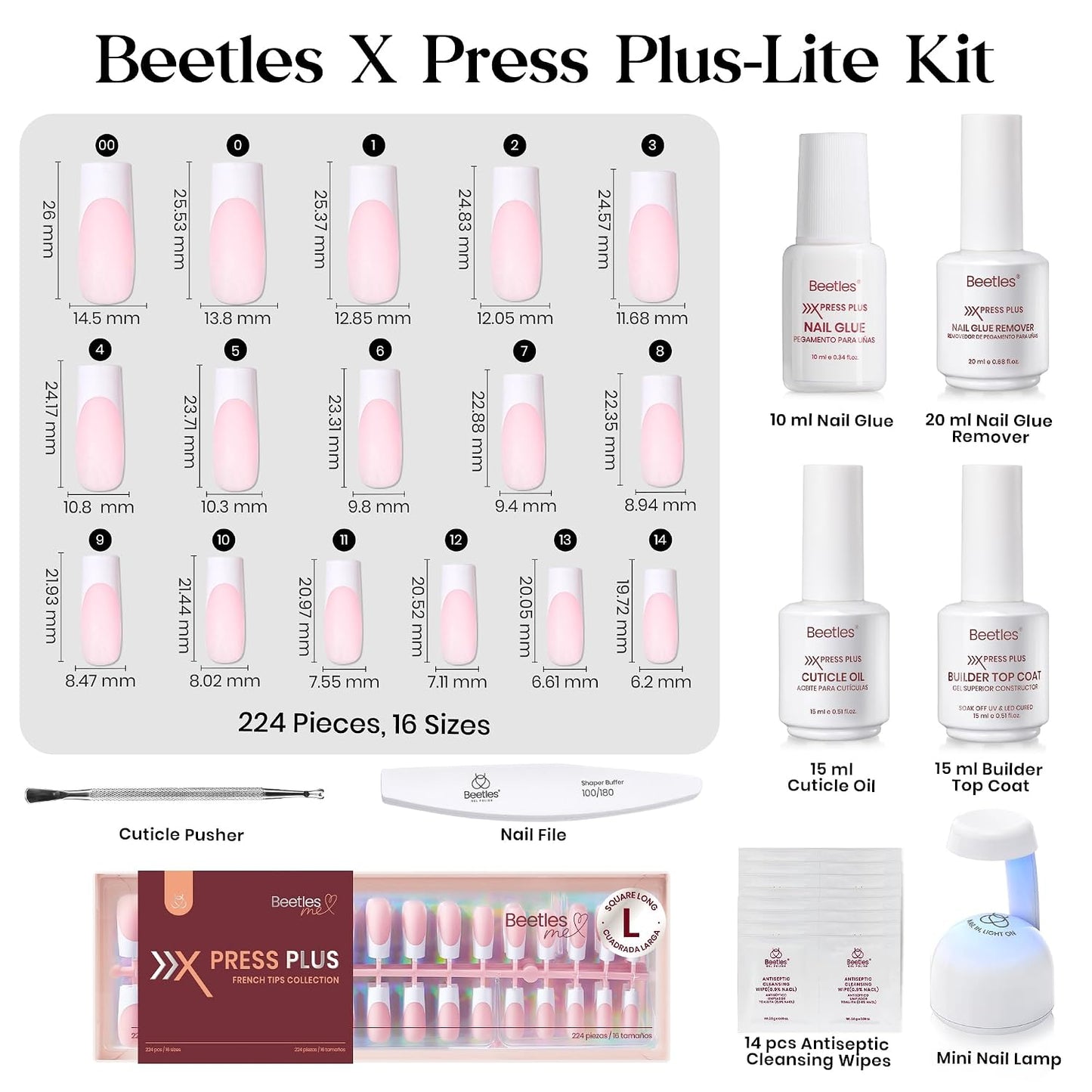 Beetles Press On Nail Kit-Short Square French Tip Press On Nails, 150Pcs Pink French Nail Tips with Nail Glue & Remover Builder Top Coat Nail Lamp, All-in-One DIY Fake Nails Gift for Women
