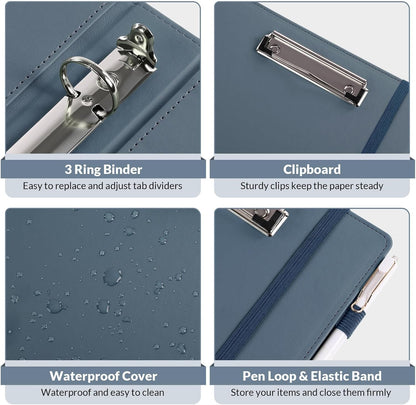 SKYDUE 3 Ring Binder with Clipboard, 13.2" × 10.2" Faux Leather 1 Inch Binder Organizer with 5 Pocket Dividers, Notepad, Labels & 2 Storage Pockets for Teachers, Students, Nurses & Office Work