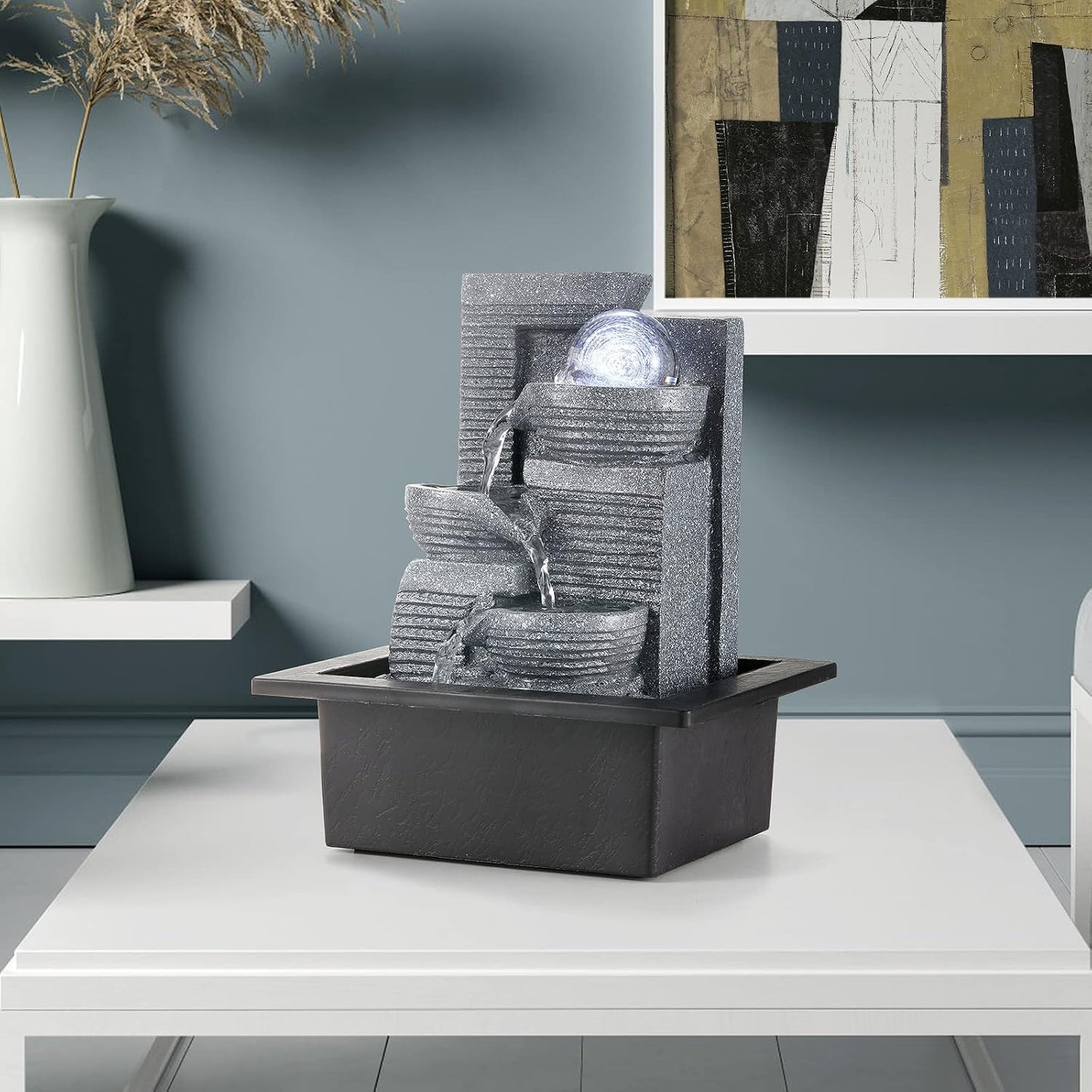 WICHEMI Indoor Fountain Tabletop Fountain Waterfall Fountains Stacked Rocks | Desktop Fountain With LED Light, Soothing Sound, Stress Relief, Humidifies Air, No Plumbing, Easy Setup, 11.8"X8.7"X5.9"