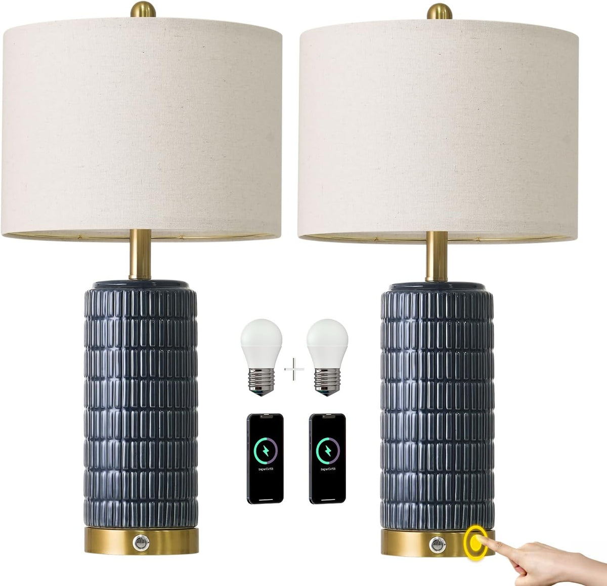 PoKat Touch Bedside Table Lamps with 2 USB for Bedroom Living Room, 25''