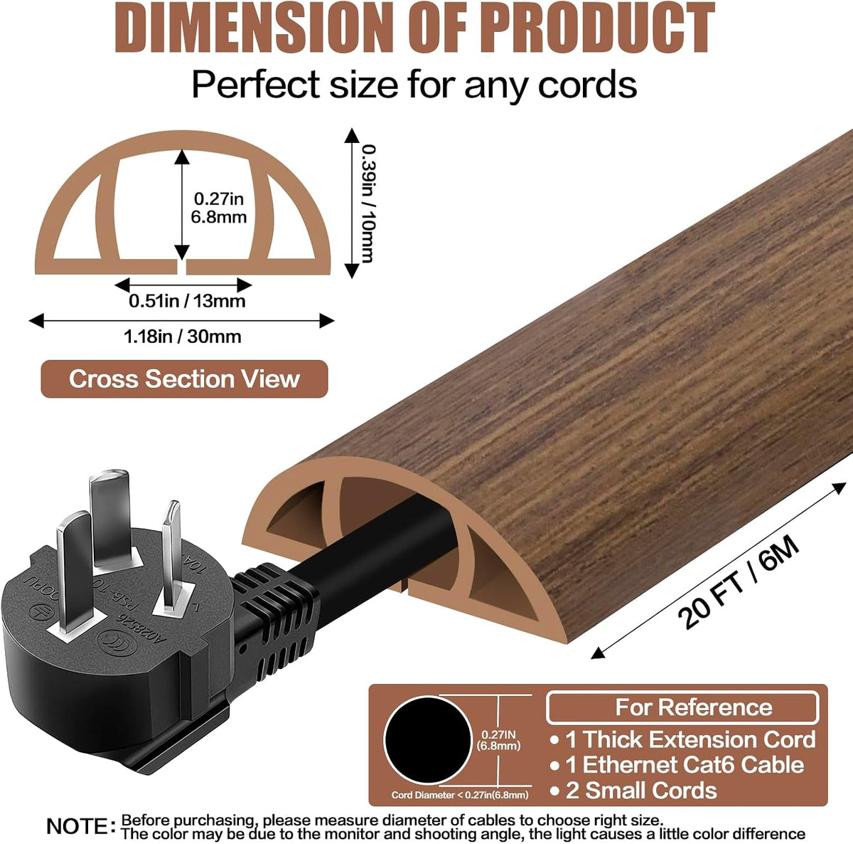 Floor Cord Cover Self Adhesive Cord Hider,10FT Cable Management, Extension Strip Protector for Wires, Prevent Cable Trips for Offices, Gyms, Exhibitions Cavity 0.39"(W) x 0.27"(H) BrownWood