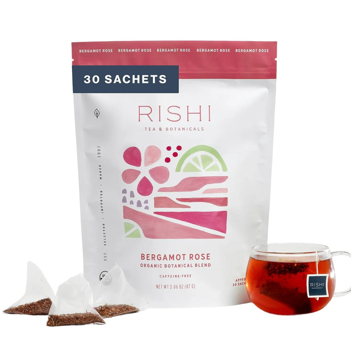 Rishi Tea Bergamot Rose Organic Herbal Sachet Tea Bags, Caffeine Free, 30ct