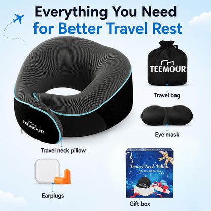 Travel Pillow Neck Pillow for Airplane Travel Essentials - Memory Foam Travel Neck Pillow, Stops Head Bobbing With Eye Mask & Earplugs, Portable Carry Bag for Long Flights| Airplane Accessories Black