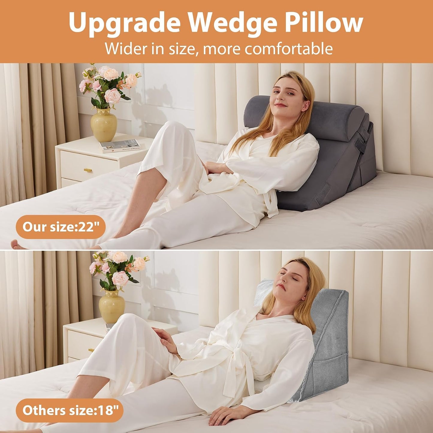 BIEEZZK Wedge Pillow Set for After Surgery, Wedge Pillow for Acid Reflux, Bed Wedge Pillow with Adjustable 9&12inch for Headboard,Sleeping, Orthopedic Memory Foam for Neck&Back Support, White/Grey
