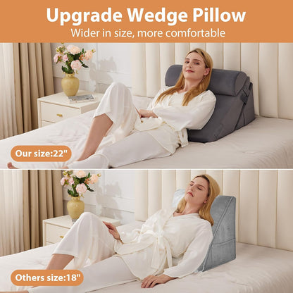 BIEEZZK Wedge Pillow Set for After Surgery, Wedge Pillow for Acid Reflux, Bed Wedge Pillow with Adjustable 9&12inch for Headboard,Sleeping, Orthopedic Memory Foam for Neck&Back Support, White/Grey