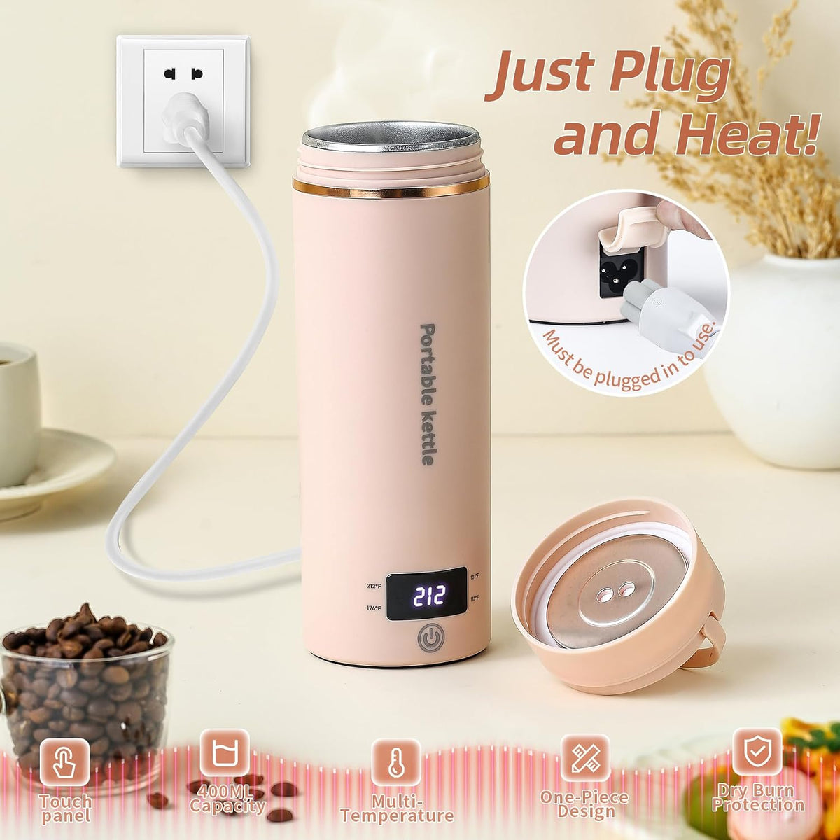 Touxila Portable Electric Kettle for Travel 120V, 13.5oz, 4 Temp Settings