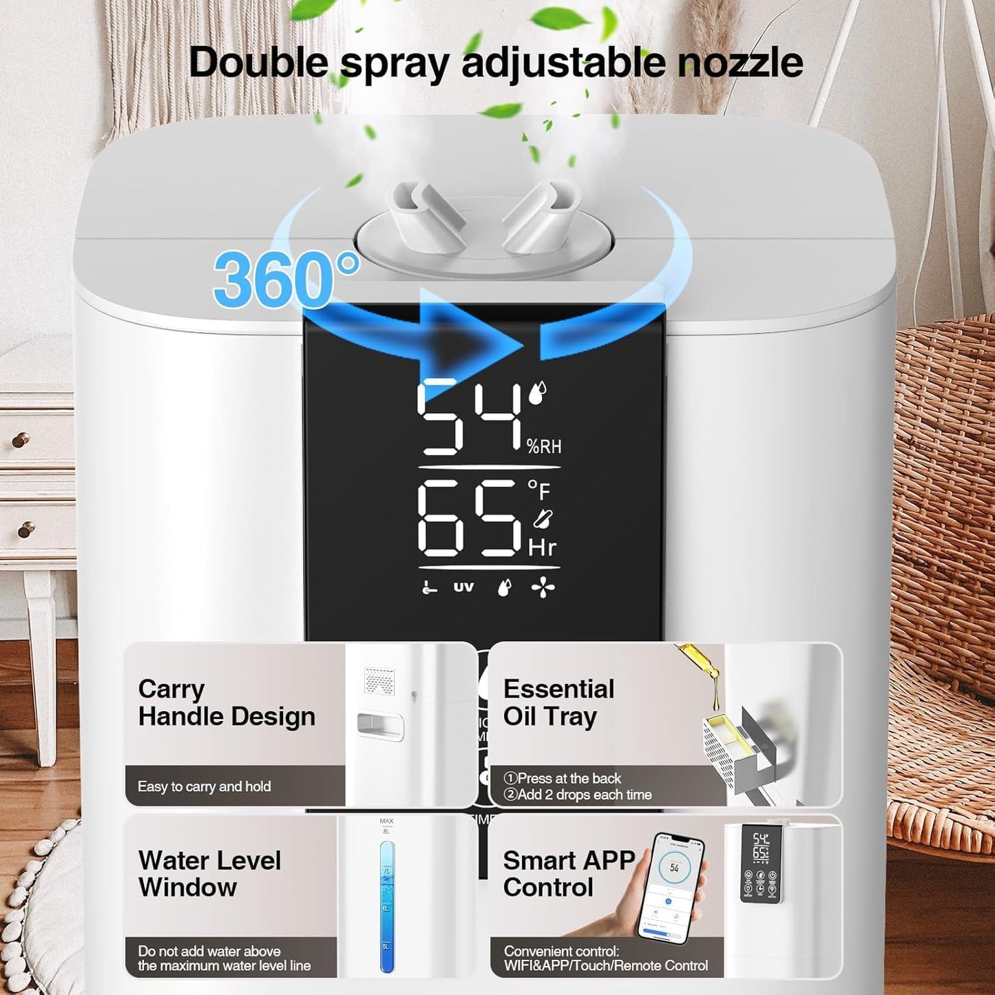 8L/2.1 Gal Smart Humidifier Large Room, Top Fill Cool Mist Humidifiers for Bedroom with App & Remote Control, Night Light, 24H Timer, Aroma Box & 360° Nozzles, Humidifier for Home, Office & Plants