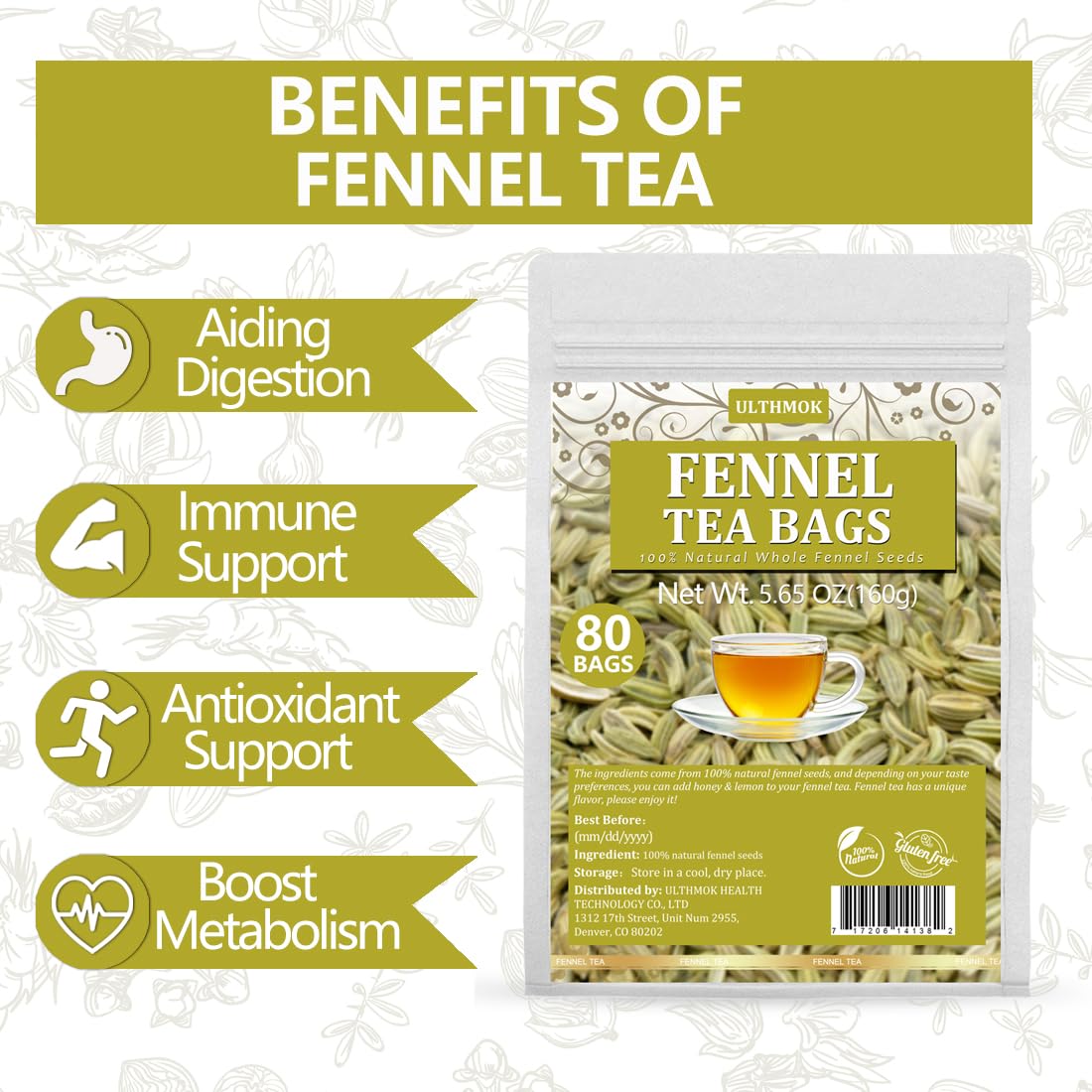 Premium Fennel Tea Bags, 80 Tea Bags. Made with Natural Whole Fennel Seeds, Caffeine Free & No Additives.