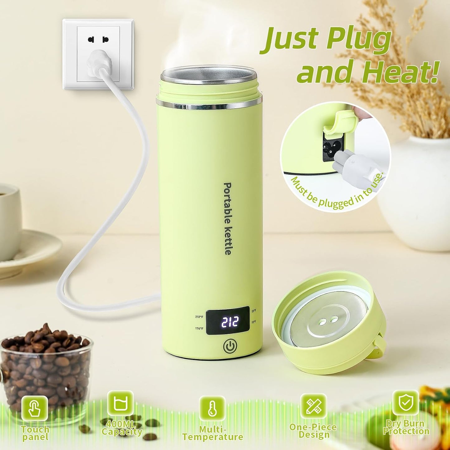Travel Electric Kettle Portable Mini Kettle,Small Hot Water Boiler with 4 Temperature Settings,304 Stainless Steel,Fast Boiling Water with Auto Shut-Off and Boil Dry Protection,400ml (Beige, 400ML)
