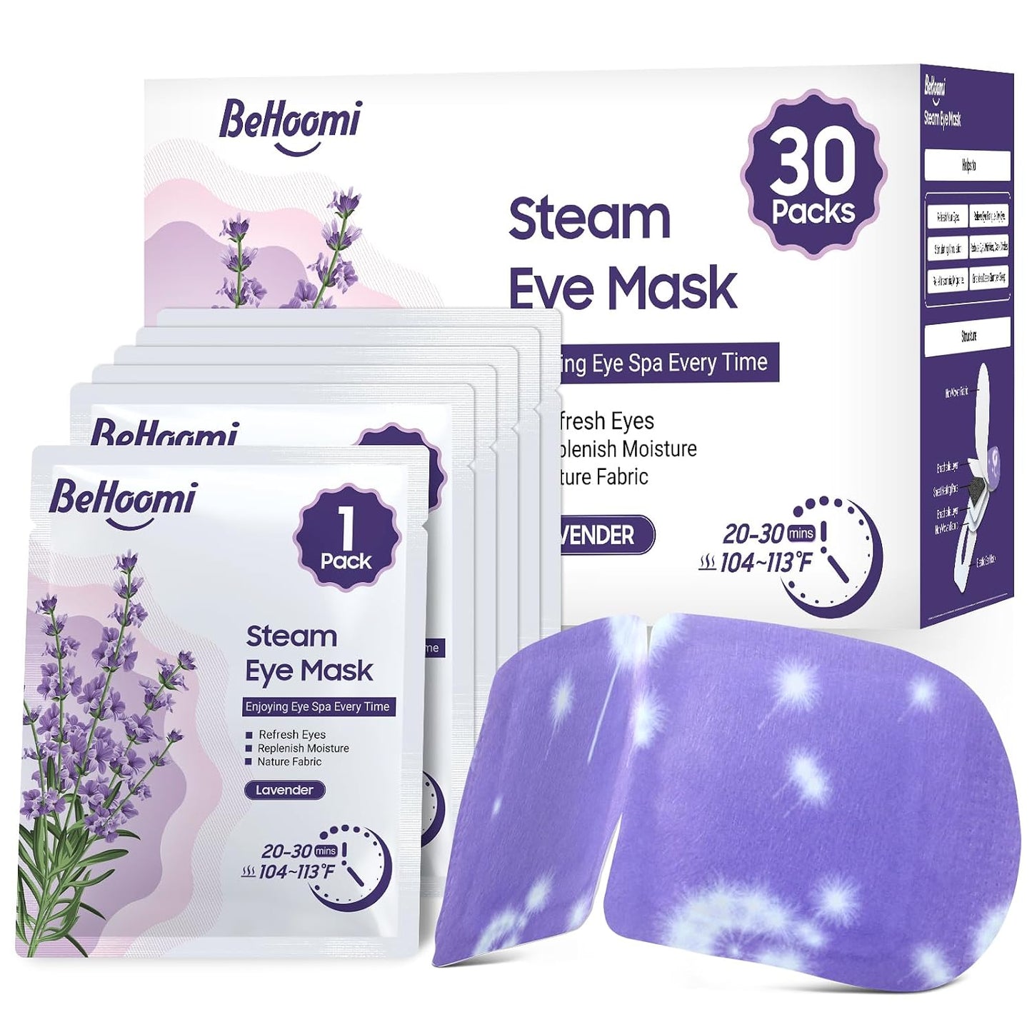 BeHoomi 30Packs Steam Eye Mask, Heated Eye Mask Warm Compress for Eyes, Self Heating Warm Eye Masks Disposable Steam Mask for Home Sleep, Spa, Travel Essentials & Relaxation Gifts (Chamomile)