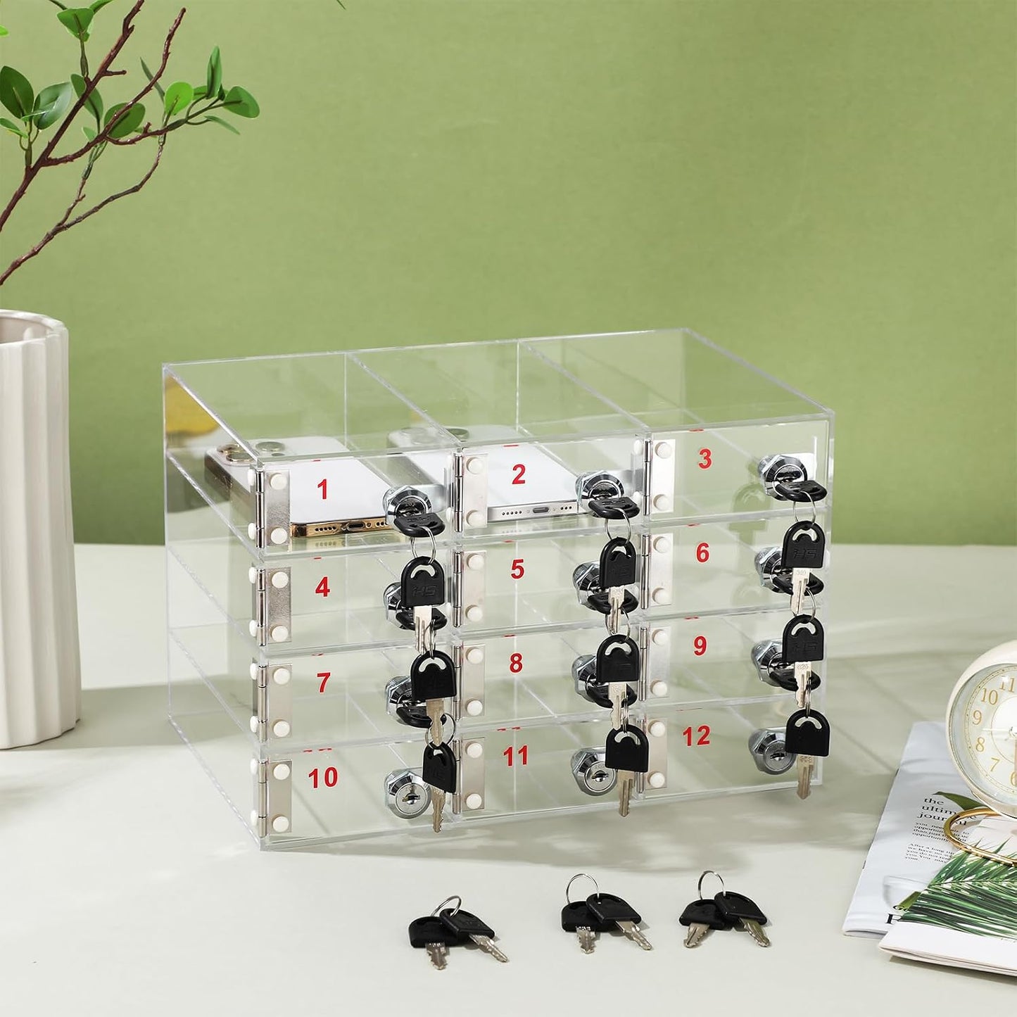 Layhit 20 Slots Cell Phone Locker Box for Classroom Clear Acrylic Cell Phone Storage Cabinet Bin with Door Locks for Classroom School Students Office Factory Employees