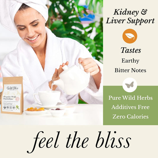 Wild Bliss Organic Wild Raw Dandelion Root Tea - Pharmacopoeia Quality Caffeine Free Herbal Detox Support - 75 Plant Based Tea Bags