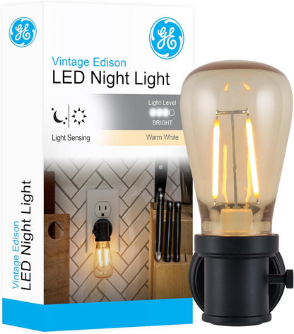 GE Vintage LED Edison Night Lights Plug Into Wall, 2-Pack, Dusk to Dawn Auto Sensor, Warm White, Adjustable Brightness Plug in Nightlight with Manual On/Off/High/Low Switch, Perfect for Adults