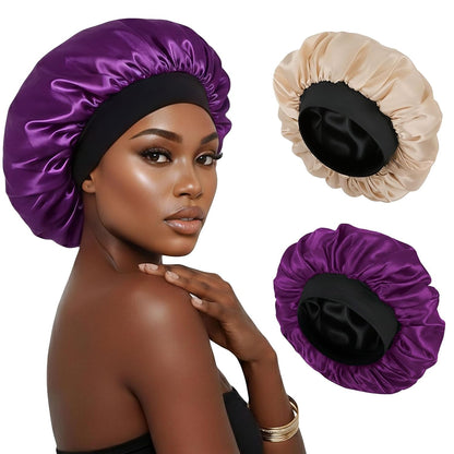 Silk Bonnet for Sleeping Double Layer Satin Bonnet Adjustable Bonnets for Black Women Sleep Cap Reversible Hair Bonnet for Curly Hair (Black and Purple)