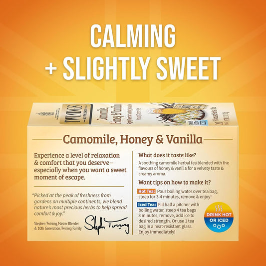 Twinings Camomile, Honey & Vanilla Herbal Tea Individually Wrapped Bags, 20 Count (Pack of 6), Naturally Caffeine-Free, Enjoy Hot or Iced, 120 Teabags