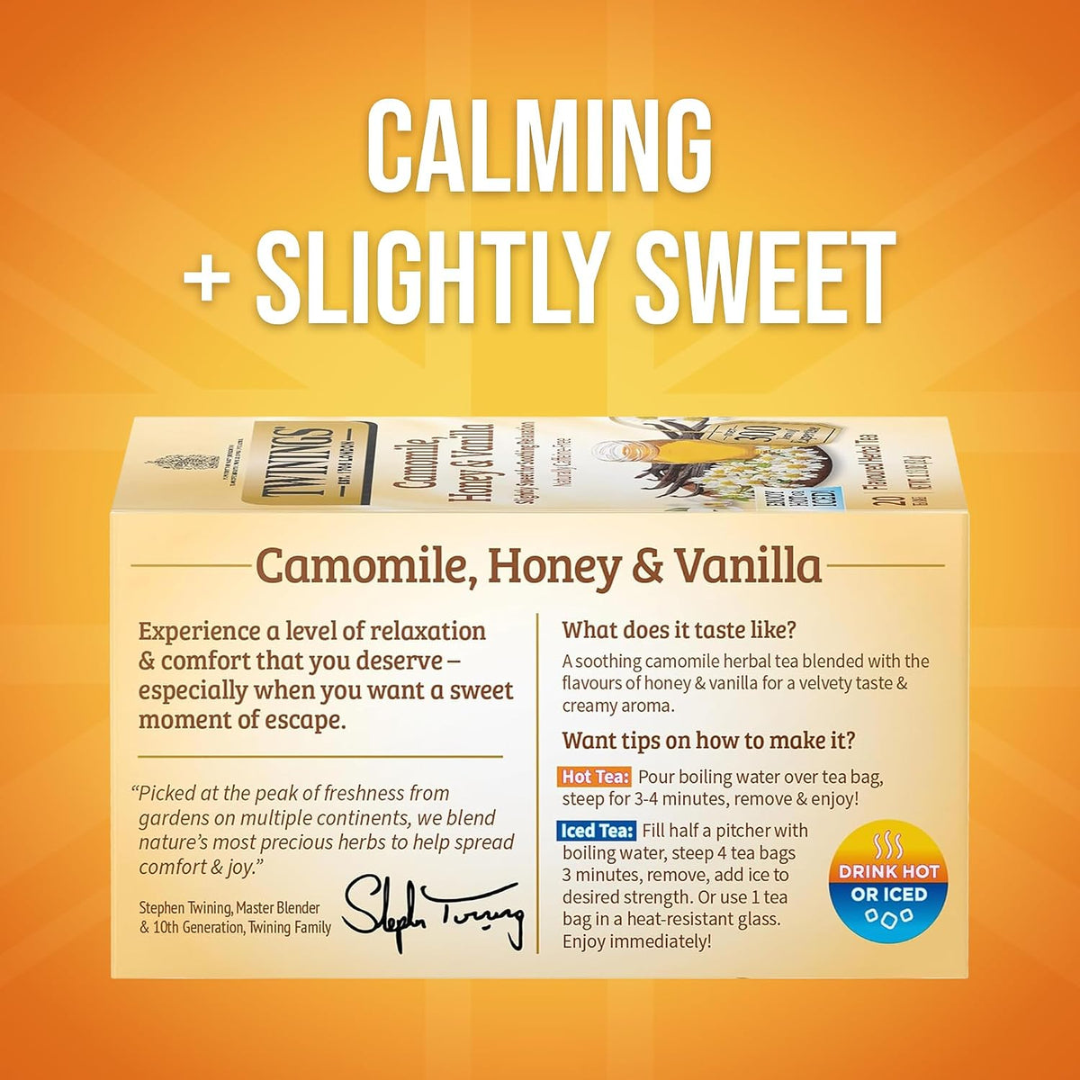 Twinings Camomile, Honey & Vanilla Herbal Tea individually Wrapped Bags, 20 Count (Pack of 1), Naturally Caffeine-Free, Enjoy Hot or Iced, 20 Teabags