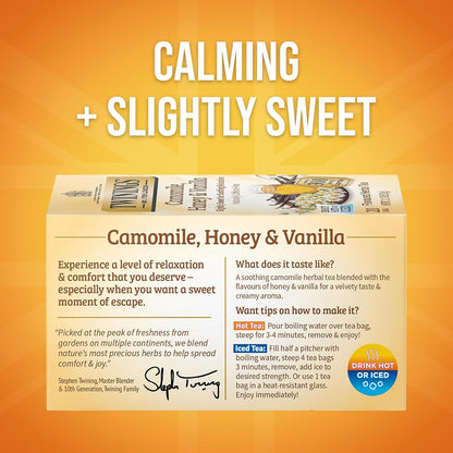 Twinings Camomile, Honey & Vanilla Herbal Tea individually Wrapped Bags, 20 Count (Pack of 1), Naturally Caffeine-Free, Enjoy Hot or Iced, 20 Teabags