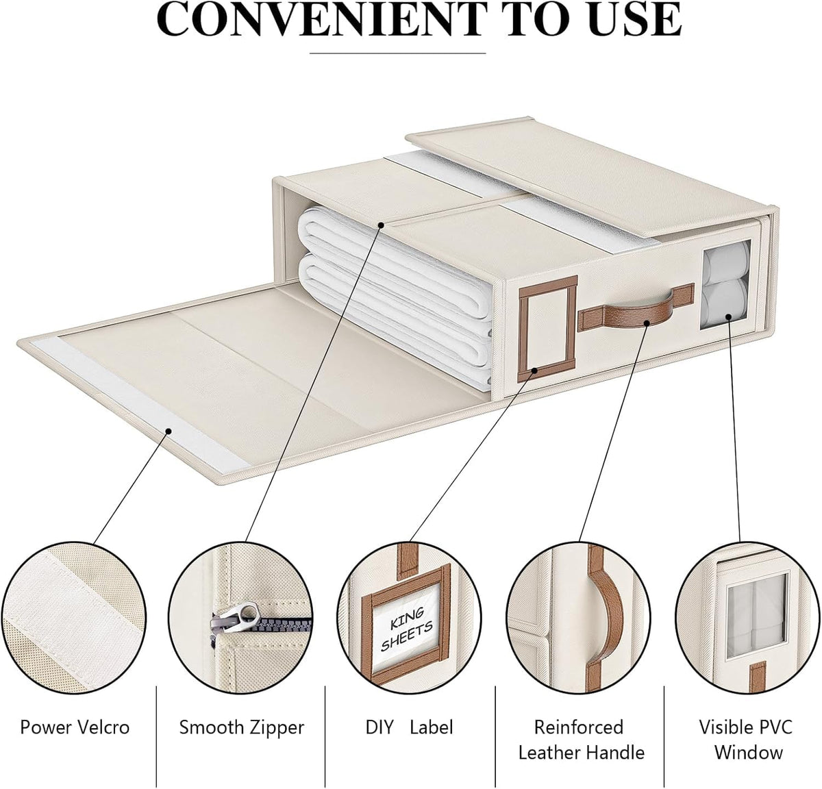 Bed Sheets Organizers And Storage,Sheets Set Folder Keeper with Handle,Foldable Bedding Storage Box For Linen Closet,Duvet Cover(King Size-3.7 Gal,Beige)