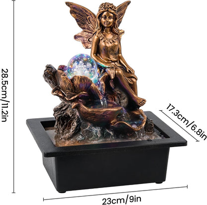 GOESWELL Water Fountain for Indoor Tabletop: Antique Bronze Fairy Statue Tabletop Waterfall with Rotating Crystal Ball for Desk - Small Zen Meditation Decor for Home Office Bedroom Relaxation