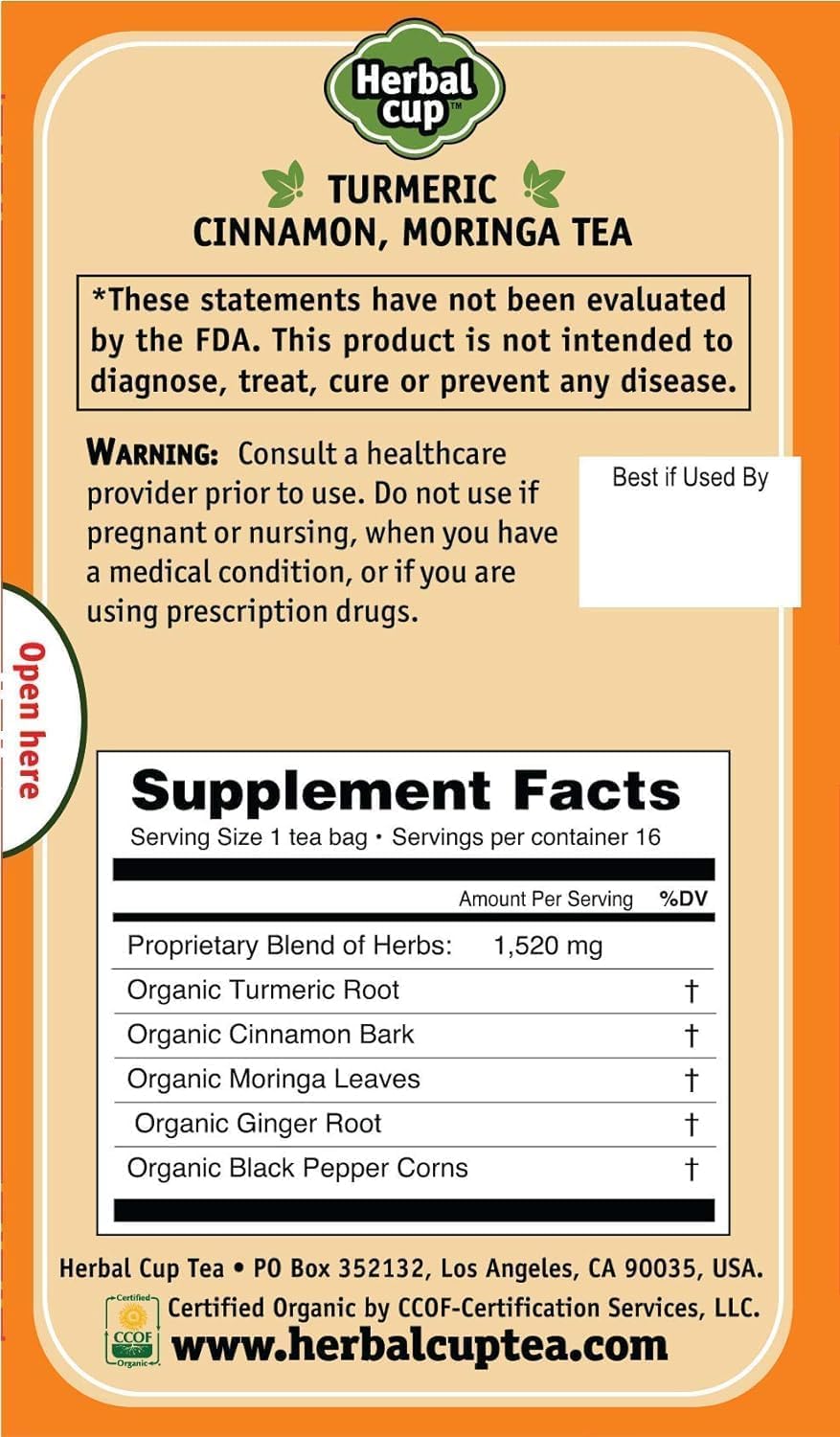 Herbal Cup Ayurveda Turmeric Tea, Organic Cinnamon Moringa, No Caffeine Herbal Supplement (16 Count, Pack of 3)