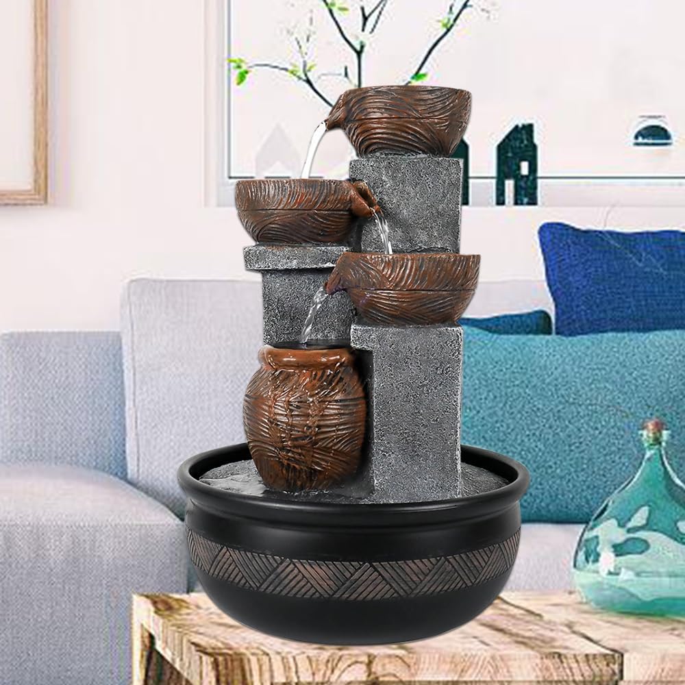 15.7''H Tabletop Water Fountain with LED Lights - Peaceful and Relaxing Water Sound - Small Desktop Waterfall Fountain for Home and Office Decoration