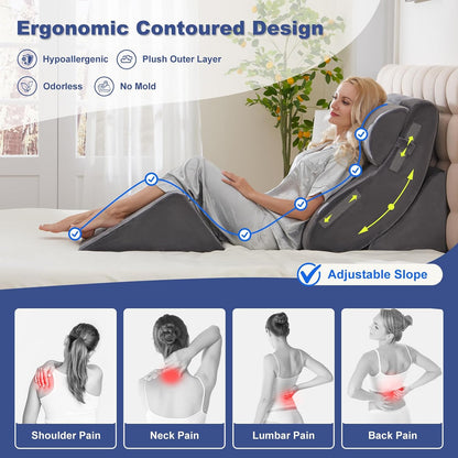 4PCS Orthopedic Bed Wedge Pillow Set for Sleeping, Post Surgery Foam Support Pillows for Back, Neck and Leg Pain Relief, Adjustable Triangle Pillow – Acid Reflux, GERD & Snoring Recovery, White Grey