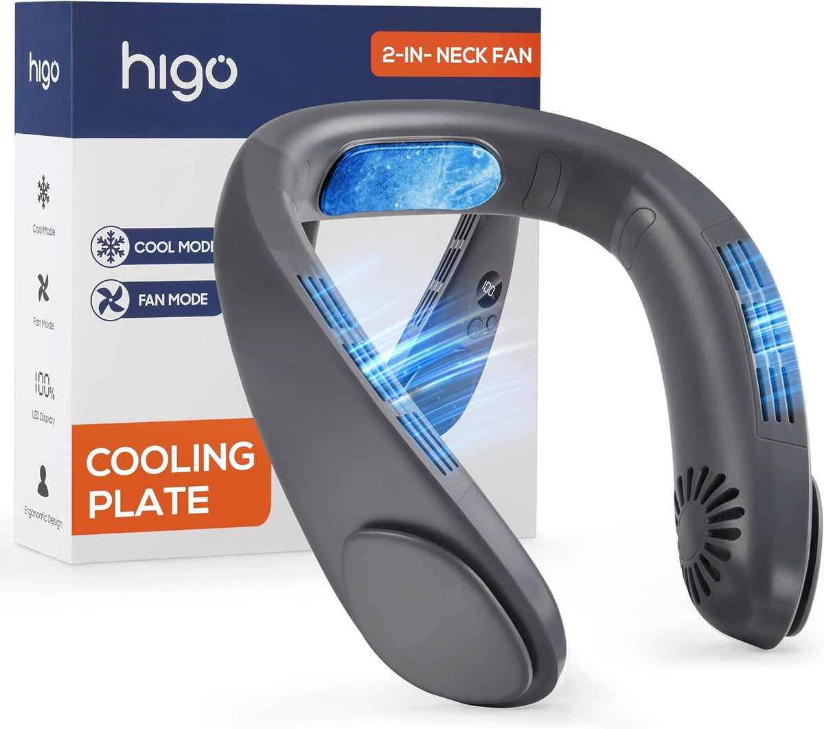 HIGO Neck Fan with Cooling Plate, Neck Air Conditioner, 2-in-1 Cooling Neck Fan Portable Rechargeable, Wearable Personal Fan, 4400mAh Large Battery, Ergonomic Design, Space Gray