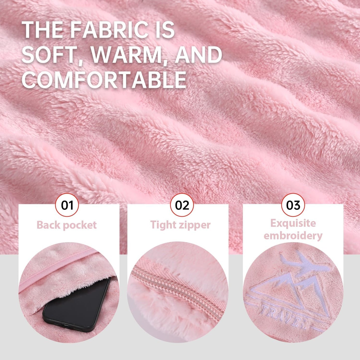 Travel Blanket and Pillow-2-in-1, Ultra-Soft&Compact, Airplane Blanket with Hand Luggage Belt and Backpack Clip,Travelers Accessories Gifts, 61x43 Inches(Pink